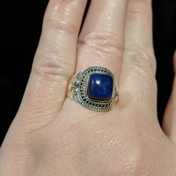 Natural blue lapis cushion .925 silver ring 9 - Picture 2 of 11